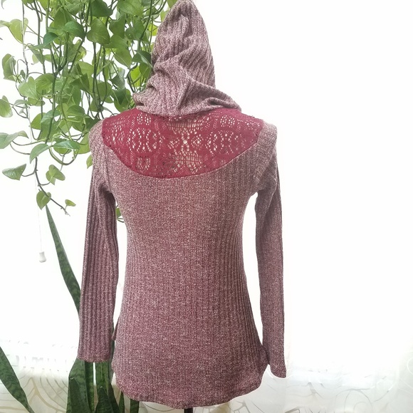Arizona Jeans Burgundy Red Hoodie Sweater w/ Lace - Picture 3 of 6